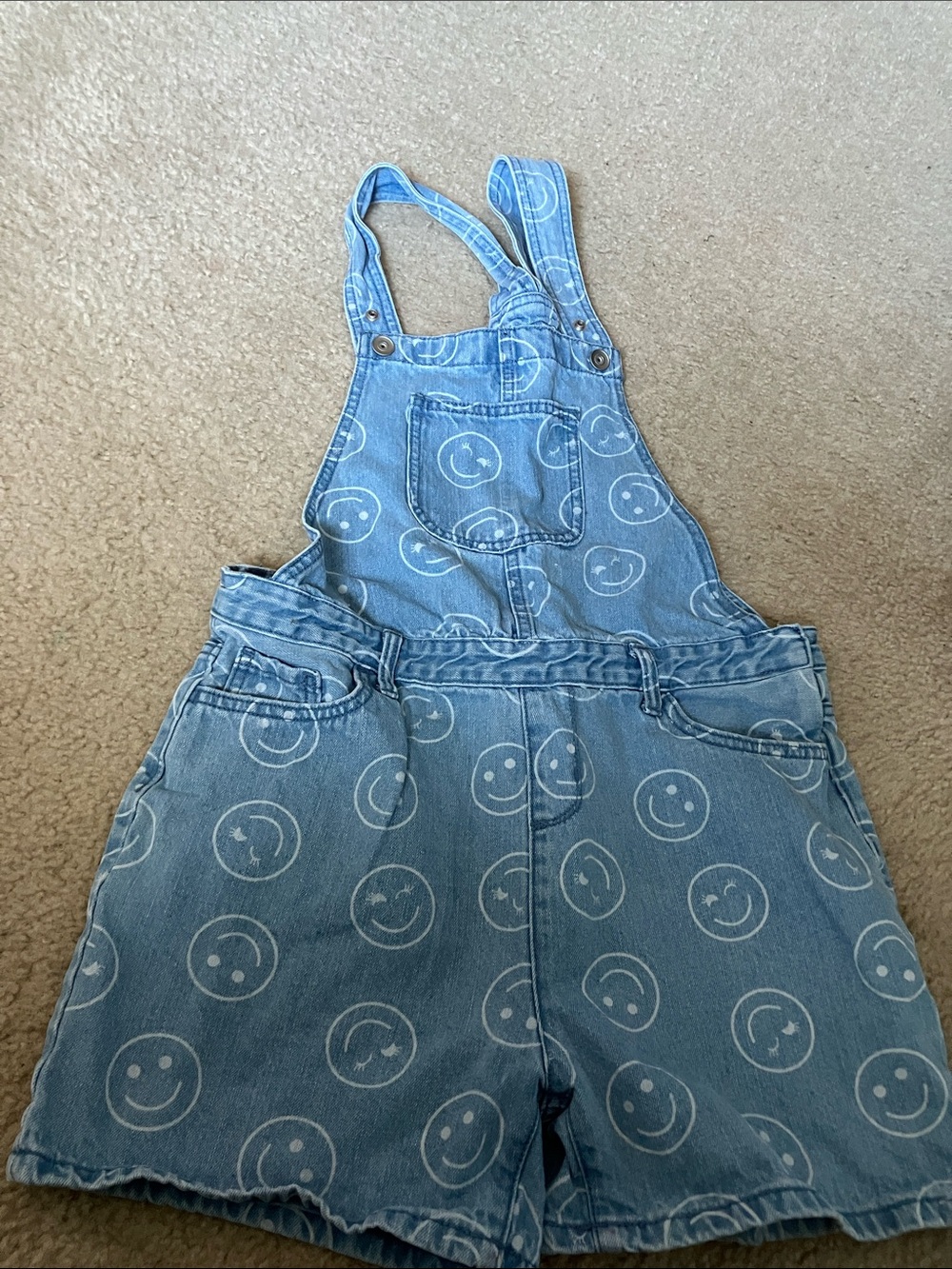 Place Blue Denim Short Overalls with White Smiley Faces